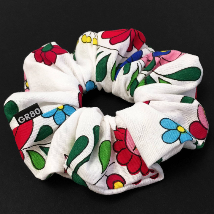 Kalocsai mintás hajgumi scrunchie minőségi 100% pamutból | FEHÉR