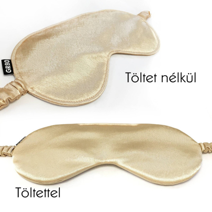 Szatén alvómaszk, arany színű. Bélelt és béleletlen kivitel. Kézzel készült magyar termék.