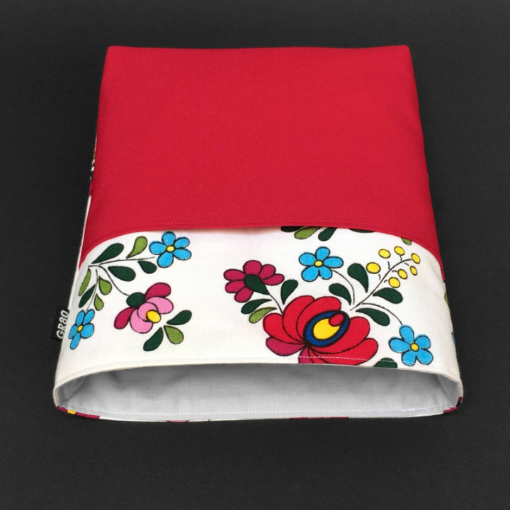 Kalocsai textil könyvtok, zsebbel - Pamut könyvvédő - Tablet tok - iPad tok - E-book olvasó