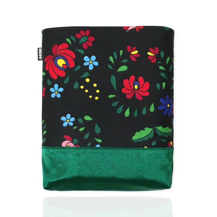 Kalocsai könyvtok, könyvölelő. Textil könyvvédő, bélelt. Szatén díszítéssel