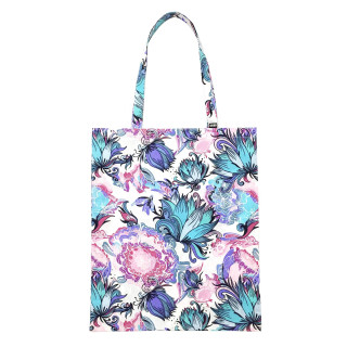 Vászontáska türkiz virágokkal. Elegáns pamut bevásárló szatyor hosszú fülekkel. Tote bag