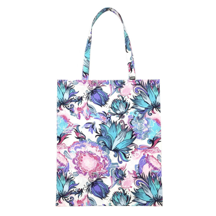 Vászontáska türkiz virágokkal. Elegáns pamut bevásárló szatyor hosszú fülekkel. Tote bag