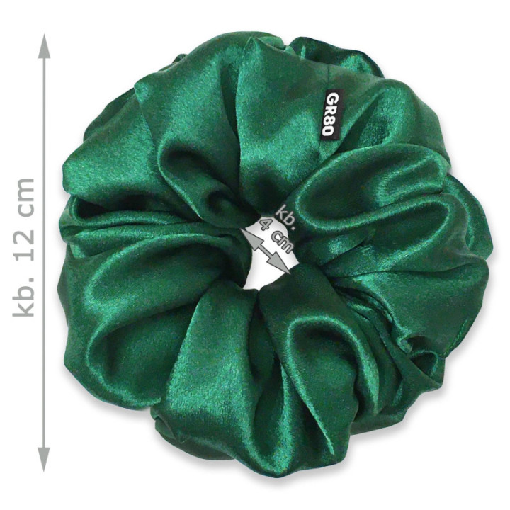 Smaragdzöld selyem hajgumi scrunchie. Prémium minőségű szatén. Kíméli a hajat, nem töri meg, jól tart. Óriás méret, kb. 17 cm