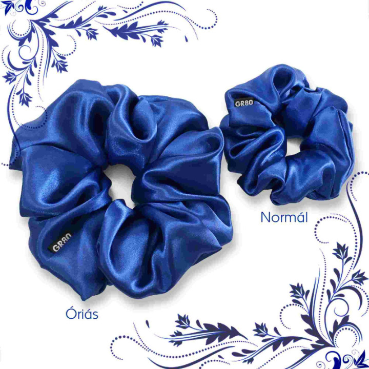 Selyem királykék hajgumi scrunchie óriás és normál méretben. Látványos és elegáns minőségi szatén. Magyarországi kézműves termék