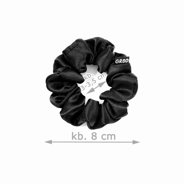 Fekete mini scrunchie – apró, de erőteljes tartás, hajbarát megoldás hosszú hajtípusoknak, nem hagy nyomot a hajban